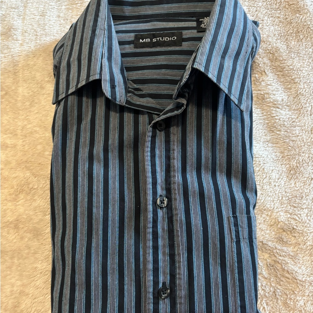 M.STUDIO Black Shirt with Blue Vertical Stripes - Casual Button-Down b5